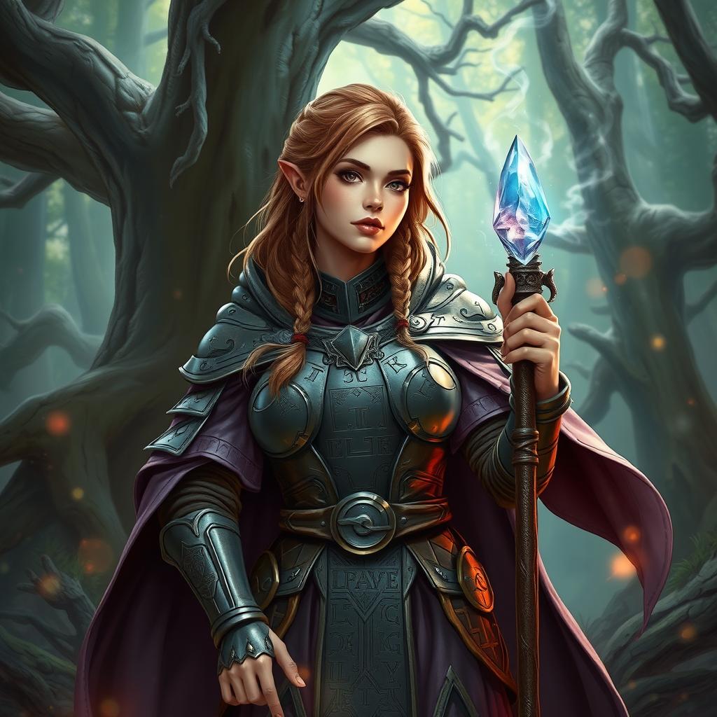 A female dwarf spellcaster from a Dungeons & Dragons setting, standing confidently in a mystical forest