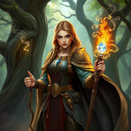 A female dwarf spellcaster from a Dungeons & Dragons setting, standing confidently in a mystical forest