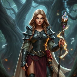 A female dwarf spellcaster from a Dungeons & Dragons setting, standing confidently in a mystical forest