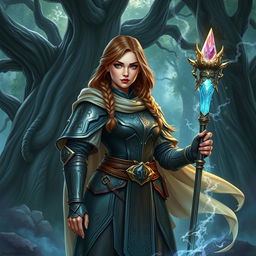 A female dwarf spellcaster from a Dungeons & Dragons setting, standing confidently in a mystical forest