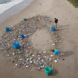 Create a HD, modern, and futuristic image illustrating the coastal garbage issue, but with a positive twist showing humans actively cleaning the shorelines. Visualize people dedicatedly picking up waste, cleaning the beaches and thereby transforming the coastline.