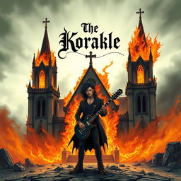 An eye-catching album cover for a black metal band featuring a dramatic scene with a burning church in the background and a figure in the foreground holding a guitar, rendered in a distinct JoJo's style