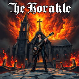 An eye-catching album cover for a black metal band featuring a dramatic scene with a burning church in the background and a figure in the foreground holding a guitar, rendered in a distinct JoJo's style