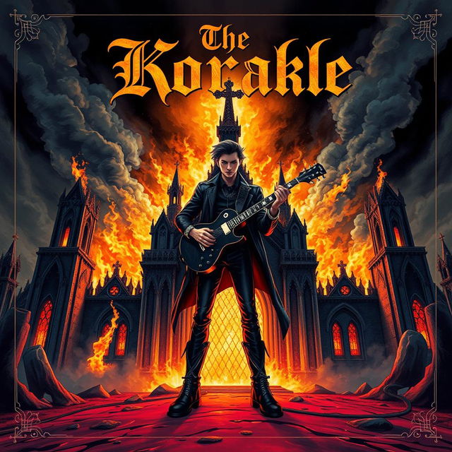 An eye-catching album cover for a black metal band featuring a dramatic scene with a burning church in the background and a figure in the foreground holding a guitar, rendered in a distinct JoJo's style