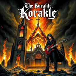 An eye-catching album cover for a black metal band featuring a dramatic scene with a burning church in the background and a figure in the foreground holding a guitar, rendered in a distinct JoJo's style