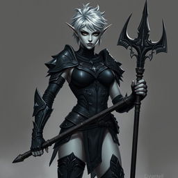 A highly detailed fantasy character illustration of a female drow elven fighter standing tall at 6 feet