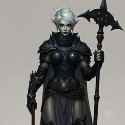 A highly detailed fantasy character illustration of a female drow elven fighter standing tall at 6 feet