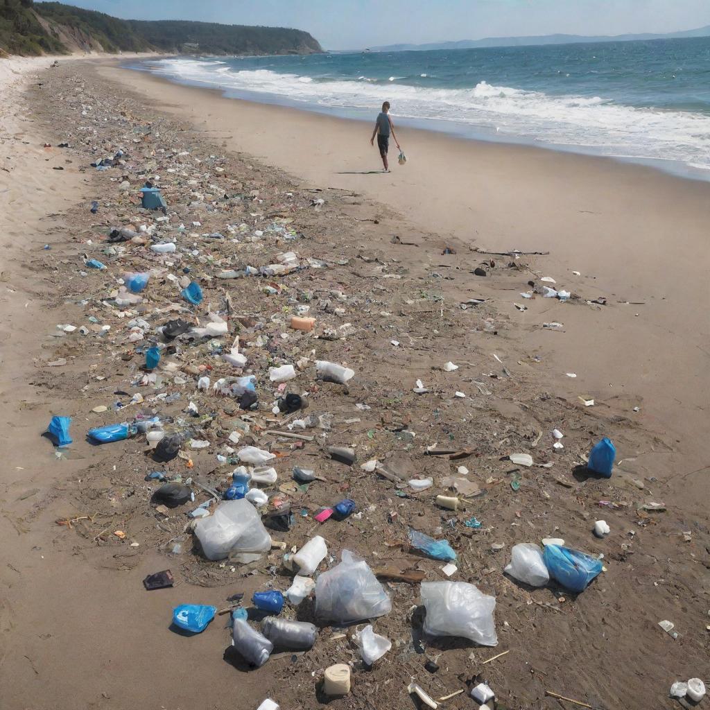 Create a HD, modern, and futuristic image illustrating the coastal garbage issue, but with a positive twist showing humans actively cleaning the shorelines. Visualize people dedicatedly picking up waste, cleaning the beaches and thereby transforming the coastline.