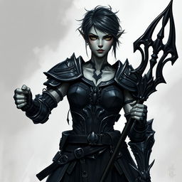 A highly detailed fantasy character illustration of a female drow elven fighter standing tall at 6 feet