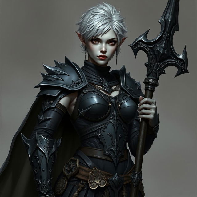 A highly detailed fantasy character illustration of a female drow elven fighter standing tall at 6 feet