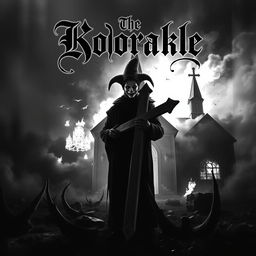 A haunting album cover for a black metal band featuring a dramatic scene with a burning church in the background, illuminating the dark surroundings