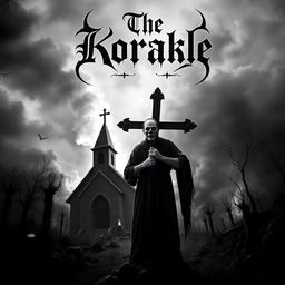 A haunting album cover for a black metal band featuring a dramatic scene with a burning church in the background, illuminating the dark surroundings