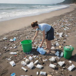 Create a HD, modern, and futuristic image illustrating the coastal garbage issue, but with a positive twist showing humans actively cleaning the shorelines. Visualize people dedicatedly picking up waste, cleaning the beaches and thereby transforming the coastline.