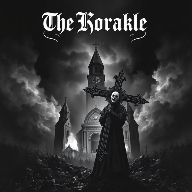 A haunting album cover for a black metal band featuring a dramatic scene with a burning church in the background, illuminating the dark surroundings