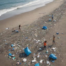 Create a HD, modern, and futuristic image illustrating the coastal garbage issue, but with a positive twist showing humans actively cleaning the shorelines. Visualize people dedicatedly picking up waste, cleaning the beaches and thereby transforming the coastline.