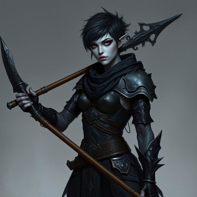 A highly detailed fantasy character picture of a female drow elven fighter, standing at 6 feet tall with an athletic, slender yet muscular physique