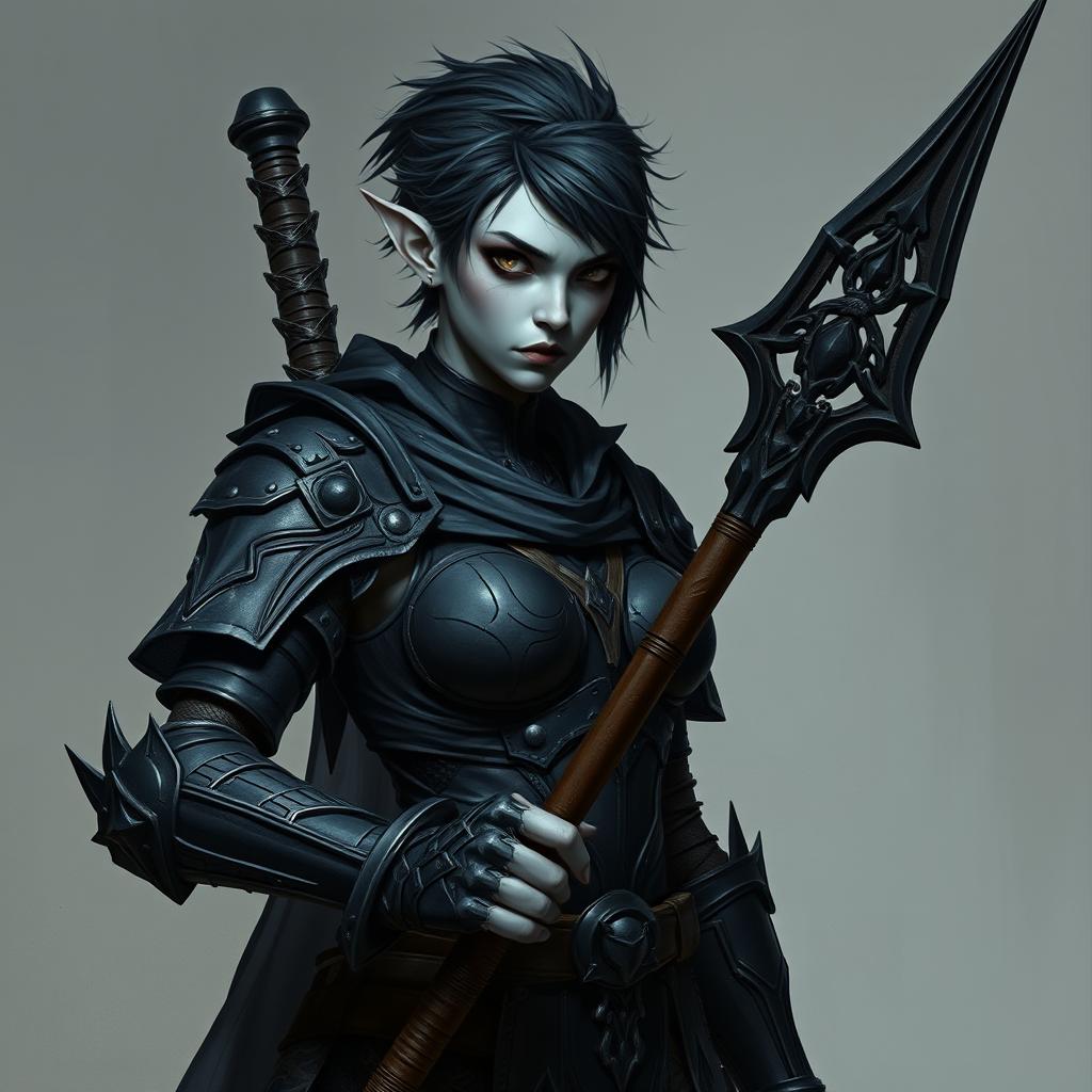 A highly detailed fantasy character picture of a female drow elven fighter, standing at 6 feet tall with an athletic, slender yet muscular physique