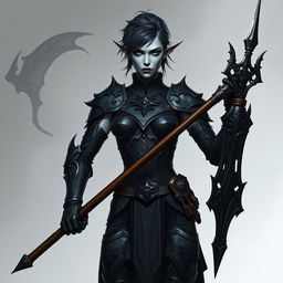A highly detailed fantasy character picture of a female drow elven fighter, standing at 6 feet tall with an athletic, slender yet muscular physique