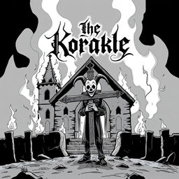 A captivating album cover for a black metal band featuring a haunting scene with a burning church in the background, rendered in chilling black and white cartoon style