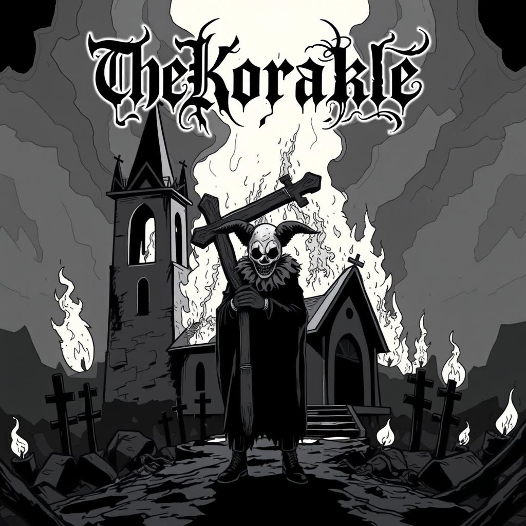 A captivating album cover for a black metal band featuring a haunting scene with a burning church in the background, rendered in chilling black and white cartoon style