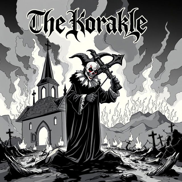 A captivating album cover for a black metal band featuring a haunting scene with a burning church in the background, rendered in chilling black and white cartoon style