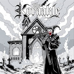 A captivating album cover for a black metal band featuring a haunting scene with a burning church in the background, rendered in chilling black and white cartoon style