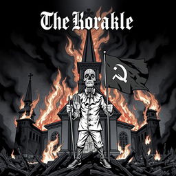 An intense album cover for a black metal band featuring a burning church in the background, creating a dramatic and fiery atmosphere