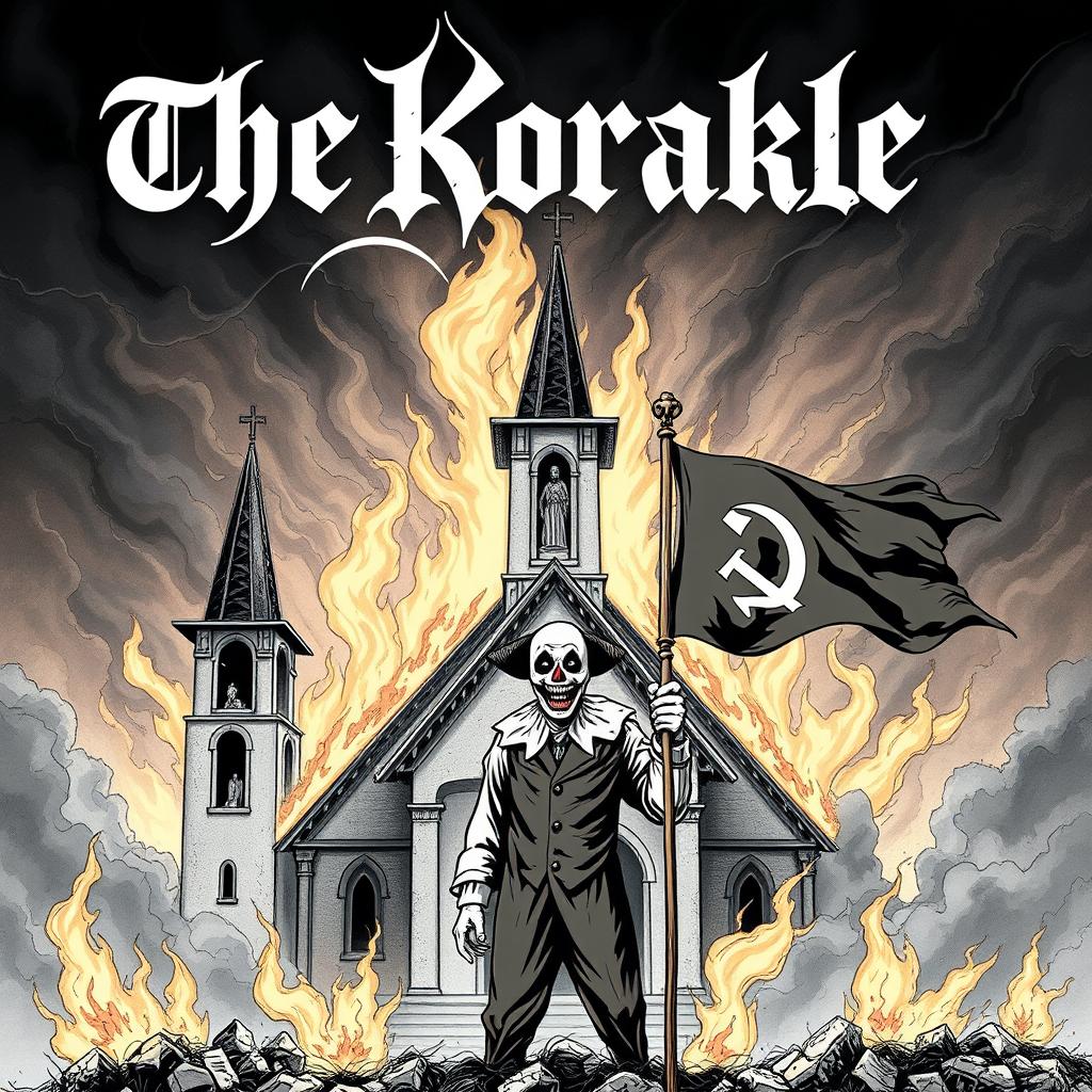 An intense album cover for a black metal band featuring a burning church in the background, creating a dramatic and fiery atmosphere