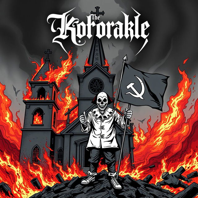 An intense album cover for a black metal band featuring a burning church in the background, creating a dramatic and fiery atmosphere