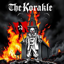 An intense album cover for a black metal band featuring a burning church in the background, creating a dramatic and fiery atmosphere