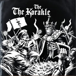 A striking album cover for a black metal band featuring a dramatic scene where a communist figure aggressively confronts a monarch, portrayed in a terrifying black and white cartoon style