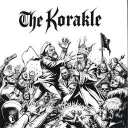 A striking album cover for a black metal band featuring a dramatic scene where a communist figure aggressively confronts a monarch, portrayed in a terrifying black and white cartoon style