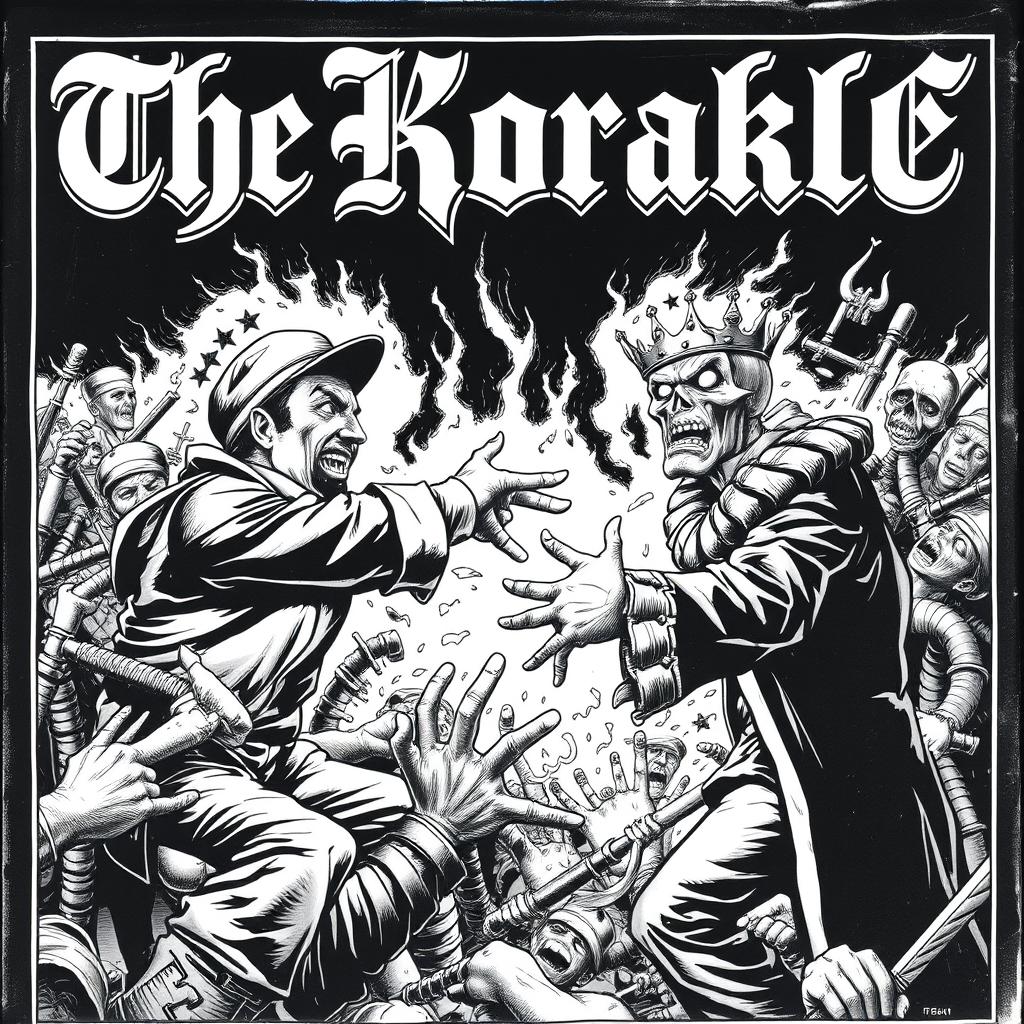 A striking album cover for a black metal band featuring a dramatic scene where a communist figure aggressively confronts a monarch, portrayed in a terrifying black and white cartoon style