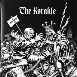 A striking album cover for a black metal band featuring a dramatic scene where a communist figure aggressively confronts a monarch, portrayed in a terrifying black and white cartoon style
