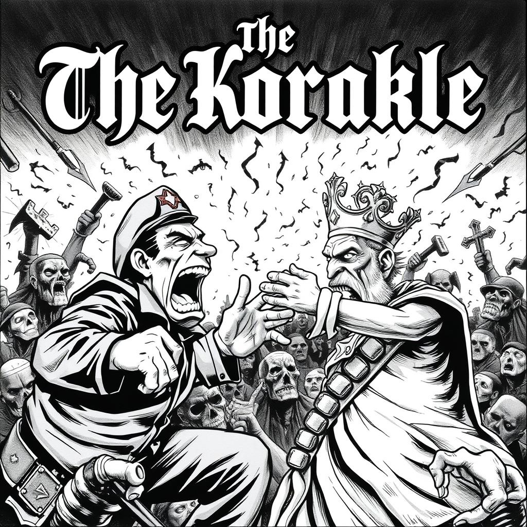 An eye-catching album cover for a black metal band featuring a dramatic confrontation between a communist figure and a monarch, illustrated in a terrifying black and white cartoon style