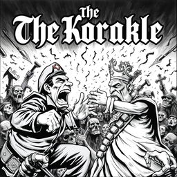 An eye-catching album cover for a black metal band featuring a dramatic confrontation between a communist figure and a monarch, illustrated in a terrifying black and white cartoon style