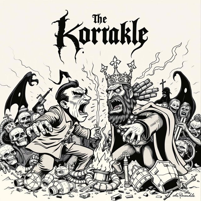 An eye-catching album cover for a black metal band featuring a dramatic confrontation between a communist figure and a monarch, illustrated in a terrifying black and white cartoon style