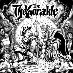 An eye-catching album cover for a black metal band featuring a dramatic confrontation between a communist figure and a monarch, illustrated in a terrifying black and white cartoon style