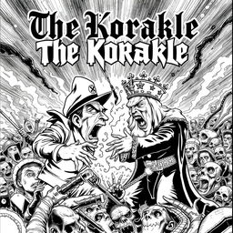 An eye-catching album cover for a black metal band featuring a dramatic confrontation between a communist figure and a monarch, illustrated in a terrifying black and white cartoon style