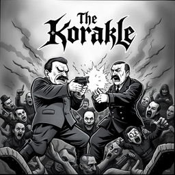 An explosive album cover for a black metal band featuring a cartoon-style depiction of Stalin shooting at Hitler, rendered in a terrifying black and white aesthetic