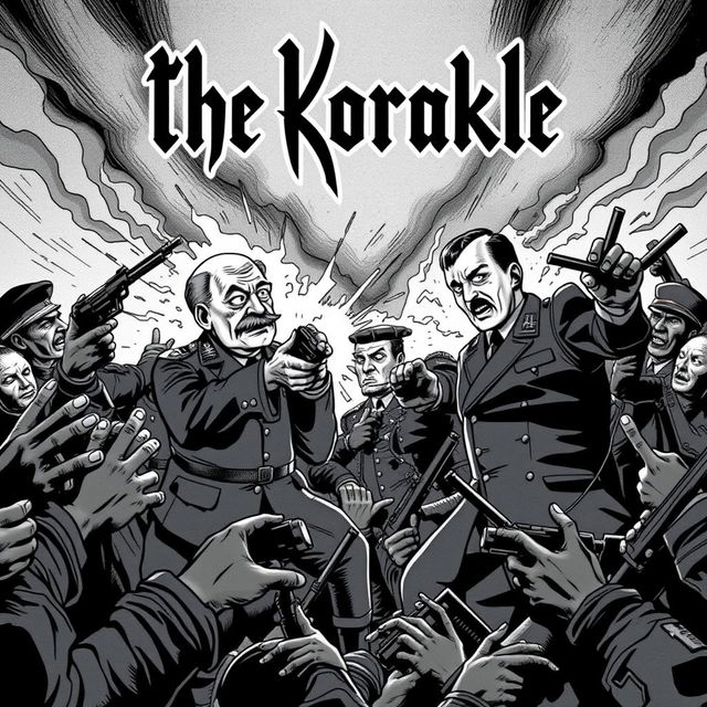 An explosive album cover for a black metal band featuring a cartoon-style depiction of Stalin shooting at Hitler, rendered in a terrifying black and white aesthetic