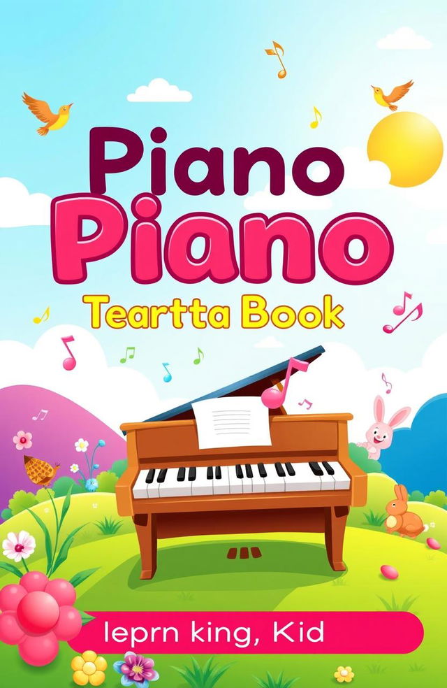 A colorful and engaging book cover for a piano teaching book aimed at kids