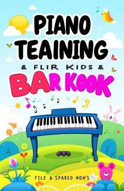 A colorful and engaging book cover for a piano teaching book aimed at kids