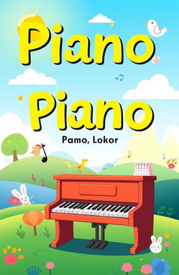 A colorful and engaging book cover for a piano teaching book aimed at kids
