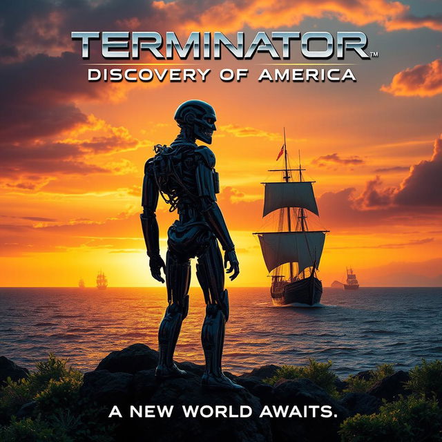 A movie poster that combines elements of the Terminator franchise with the discovery of America