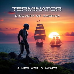 A movie poster that combines elements of the Terminator franchise with the discovery of America