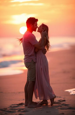 A romantic couple embracing passionately in a beautiful sunset setting, surrounded by vibrant colors of the sun dipping below the horizon