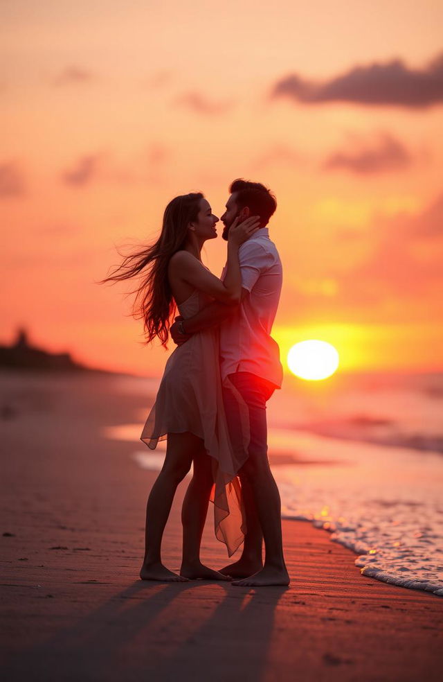 A romantic couple embracing passionately in a beautiful sunset setting, surrounded by vibrant colors of the sun dipping below the horizon