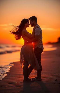 A romantic couple embracing passionately in a beautiful sunset setting, surrounded by vibrant colors of the sun dipping below the horizon