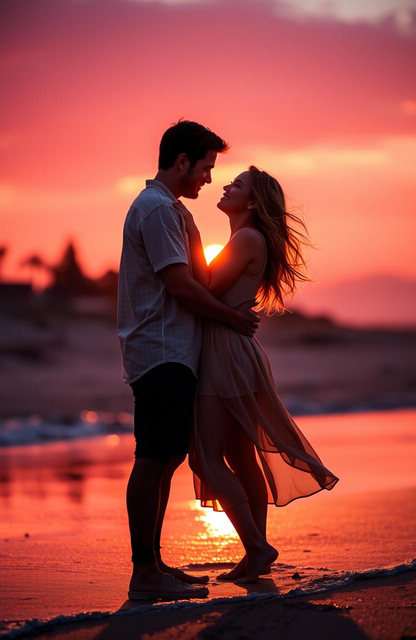 A romantic couple embracing passionately in a beautiful sunset setting, surrounded by vibrant colors of the sun dipping below the horizon